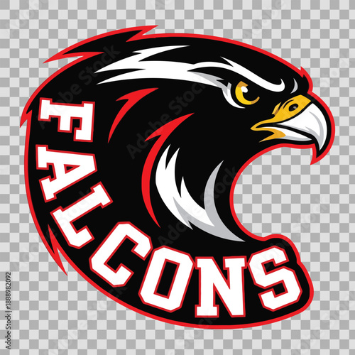 A logo featuring a falcons head with the word falcons written below it on a transparent background