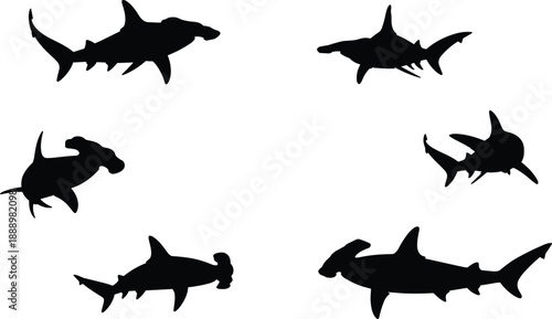Hammerhead shark silhouette collection showing different swimming angles marine predator isolated on white background ocean wildlife illustration design