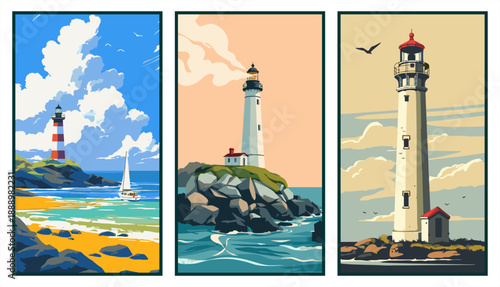 Set of three vintage coastal lighthouse posters. Scenic maritime landscapes with lighthouses on rocky shores, sailboats, and ocean waves. Vector.