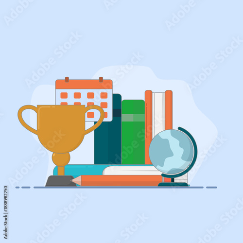 Education concept with icons of books, globes, trophies, and pencils. Set on a light blue and white background.