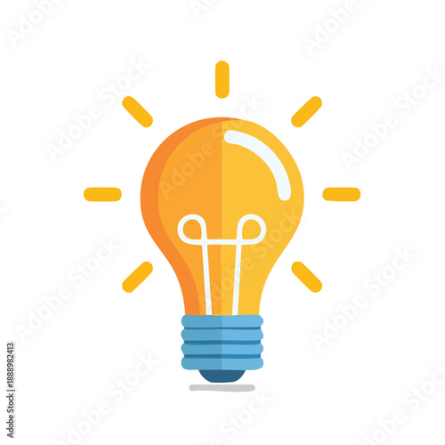 An illuminated lightbulb with glowing filament and radiant beams, symbolizing ideas and innovation in a simple illustration style.