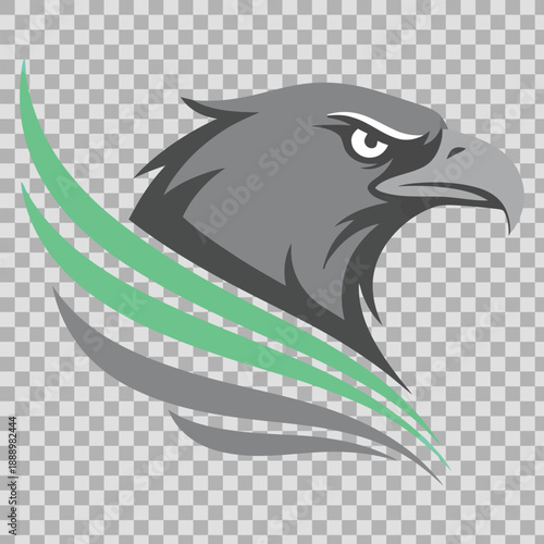 A gray eagle head with green accents on a transparent background, symbolizing freedom and power