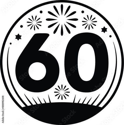 A black and white graphic design celebrating the number sixty with fireworks and stars