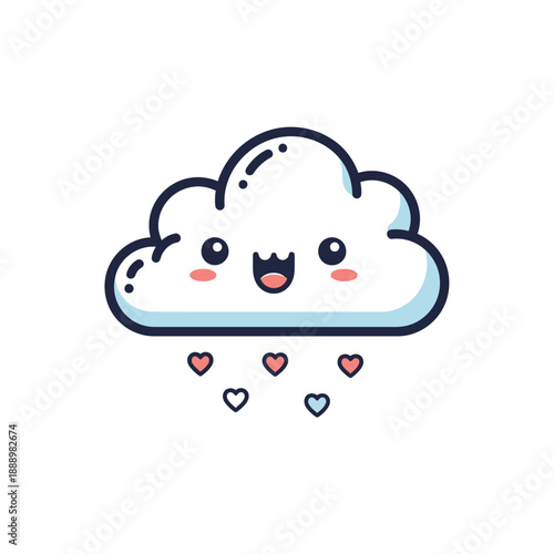 A cute, smiling cloud character with a flat design and kawaii style, featuring a chibi face and surrounded by falling hearts on a clean white background.