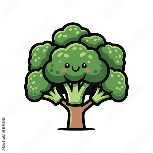 A cheerful broccoli character with a cute face and rosy cheeks, depicted in a flat cartoon style with a Kawaii aesthetic on a clean white background.