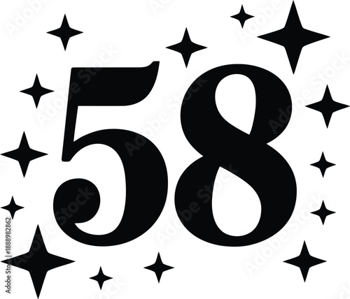 A stylized black number fifty-eight surrounded by stars on a gray background