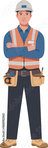 Illustration of a male construction worker or tradesman wearing a hard hat, high-visibility vest, and tool belt, standing with arms crossed.