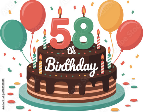 A chocolate cake with colorful balloons and confetti celebrating a 58th birthday