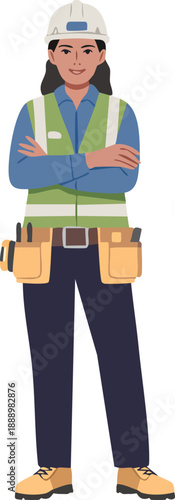 Full-body illustration of a smiling female construction worker or tradesperson wearing a hard hat, safety vest, and tool belt with crossed arms.