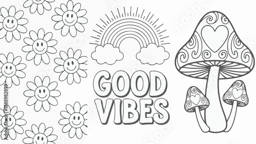 Black and White Line Art Coloring Pages Groovy Smiling Daisies, Rainbow with 'Good Vibes', and Psychedelic Mushrooms for Relaxation