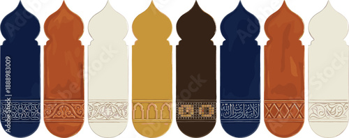 Colorful Islamic arch window ornament collection featuring arabesque patterns and traditional mosque design elements isolated on white background for Ramadan Eid decor vector illustration set