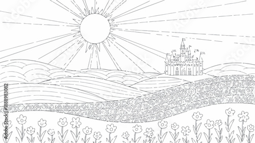A Detailed Black and White Line Art Illustration of a Castle on a Hill with Flowers in the Foreground Under a Sunny Sky