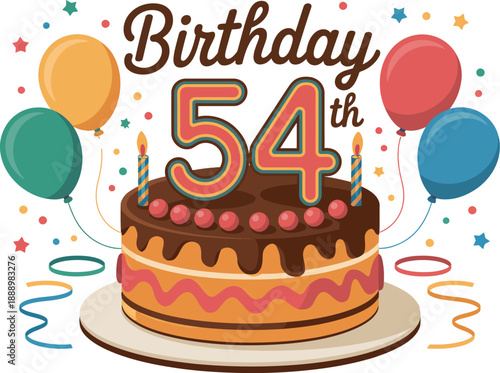 A colorful illustration of a birthday cake with balloons and confetti celebrating a 54th birthday