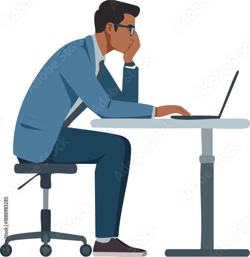 Man with poor posture working on a laptop at a desk, looking tired or focused.