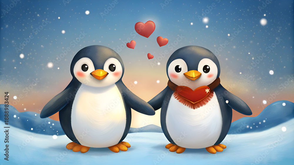Fototapeta premium Cute penguin couple holding hands on snowy landscape with hearts in the sky