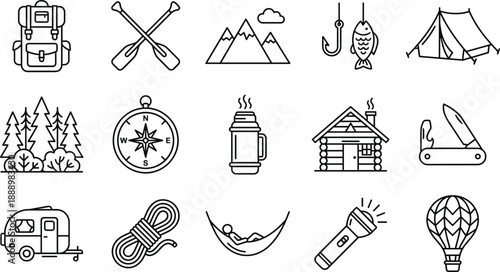 Outdoor camping adventure line icon set featuring backpack, tent, mountains, fishing, compass, cabin, flashlight, caravan, rope, and travel equipment for hiking, tourism, survival