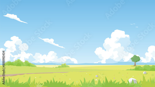 Vector illustration of beautiful summer landscape dirt path on green grassy meadow distant blue mountains and large fluffy white cumulus clouds against a blue sky. For textured nature background.