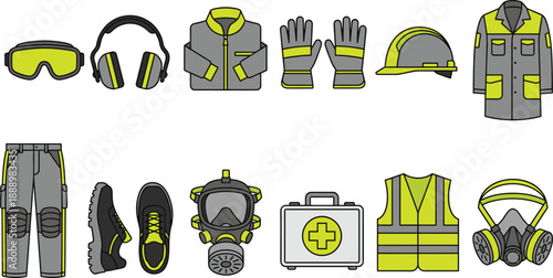 Personal protective equipment safety gear icon set featuring helmet, gloves, goggles, respirator, boots, jacket, first aid kit, industrial workwear, high visibility vector illustration collection.