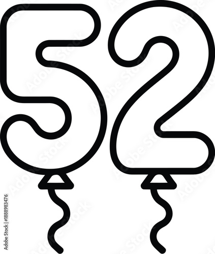 A simple black line drawing of the number 52 in balloon style with curly tails on a white background