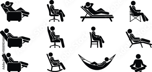 Relaxing sitting and reclining human posture icon set featuring chair, sofa, hammock, lounge positions, meditation pose, silhouette pictogram vector illustration collection.