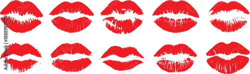 Red lipstick kiss marks collection isolated on white background featuring sexy lips prints for beauty makeup branding valentines romance fashion advertising seamless vector illustration design set