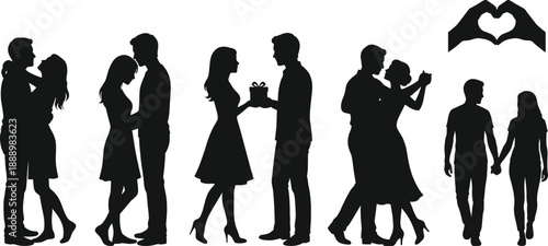 Romantic couple silhouettes collection showing love moments hugging dancing gift giving and holding hands isolated on white background for valentine wedding design modern vector illustration set