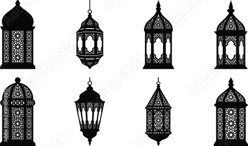 Traditional Arabic lantern silhouettes collection featuring ornate Islamic Ramadan Eid decorative lamps isolated on white background for festival design vintage vector illustration set