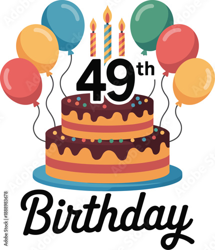 A colorful illustration of a birthday cake with balloons and candles celebrating a 49th birthday