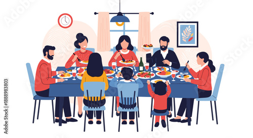 Family and friends gathered around a dinner table sharing a meal together in a warm and festive home environment during a celebration.