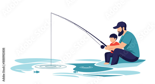 Father and young son sitting on a pier and fishing together in a calm lake representing family bonding and outdoor hobbies.