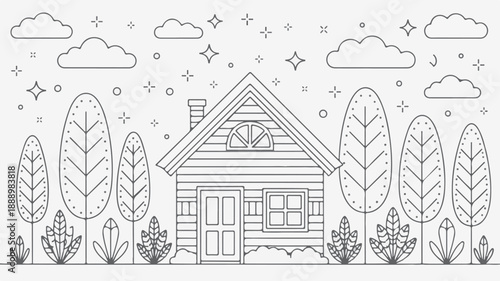 A charming black and white line art illustration of a cozy wooden cabin nestled among stylized trees and fluffy clouds under a starry night sky