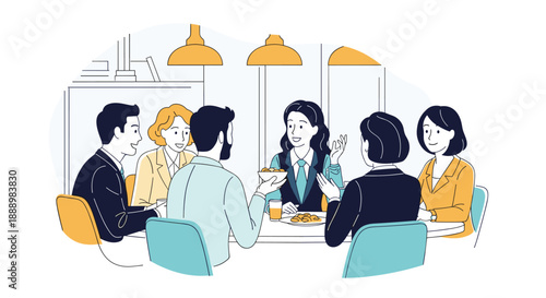 Colleagues having an informal business meeting over a meal at a restaurant table with plates of food and drinks in a cozy indoor setting.