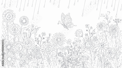 Whimsical black and white line art illustration of a butterfly flying over a field of flowers with raindrops falling