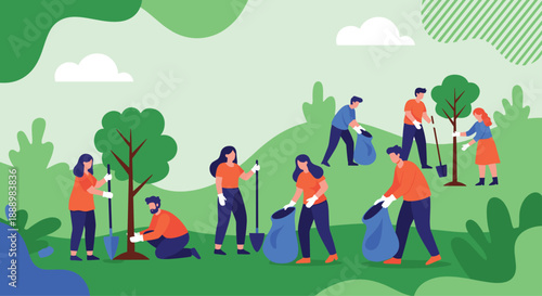 Group of diverse volunteers working together to plant young trees and pick up litter in a green park for environmental conservation.