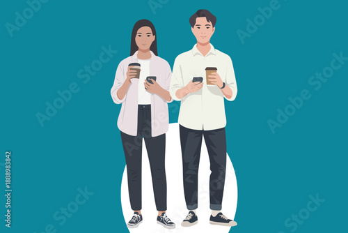 Young man and woman standing, holding smartphones and coffee cups, on a teal background with a white circle.
