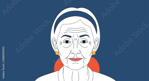 Detailed portrait of an elegant elderly woman with white hair wearing a headband and gold earrings against a solid dark blue background.