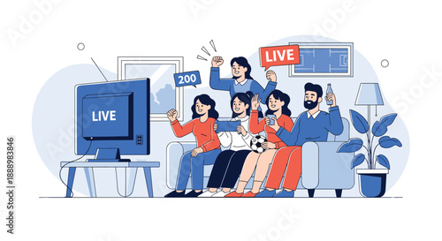 Excited group of friends cheering while watching a live football match on television together in a living room during a sports event.