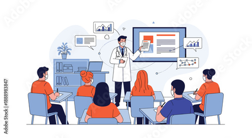 Medical doctor wearing a protective face mask while teaching a class of students in a classroom during a health education seminar.