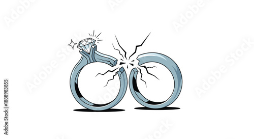 Broken wedding rings with a diamond symbolize divorce, relationship breakdown, and the end of a marriage or partnership.