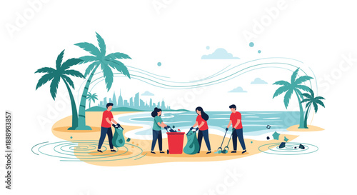 Group of volunteers cleaning up plastic waste and trash on a tropical beach with palm trees and a city skyline.