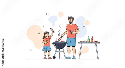 Father and daughter enjoying a backyard barbecue while grilling meat skewers and sausages during a sunny summer day.