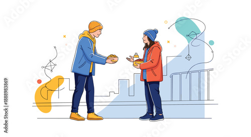 Man in winter clothes sharing bread with a girl in a red jacket standing outside against a minimalist city background.