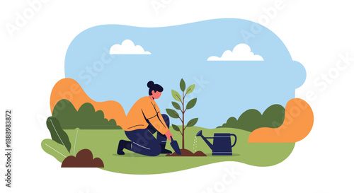 Woman kneeling on the grass to plant a young tree sapling in a park with a watering can nearby for forestation.