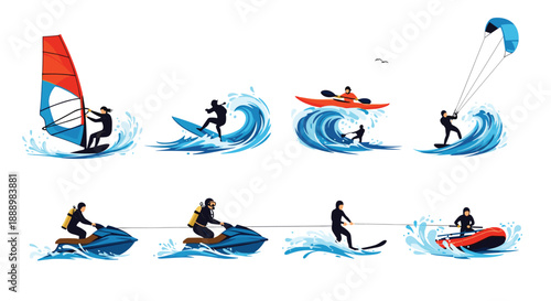 Diverse collection of water sports activities including surfing, kayaking, windsurfing, and jet skiing on ocean waves.