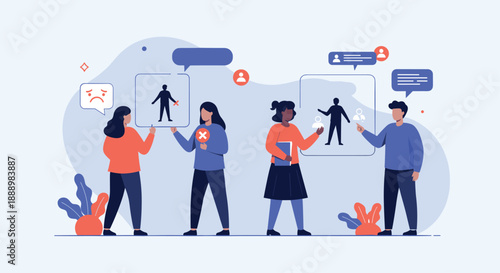 People selecting and rejecting candidates on digital profiles representing online dating or human resources hiring process.