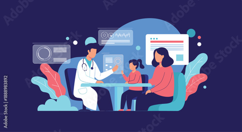 Pediatrician discussing health results with a mother and her young daughter in a modern medical office setting.
