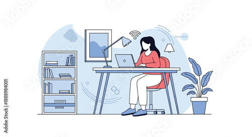 Woman focused on her work while using a laptop at a desk in a clean and organized modern home office interior.