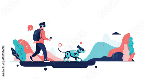 Person wearing a virtual reality headset and walking a futuristic robotic dog in a colorful digital landscape.
