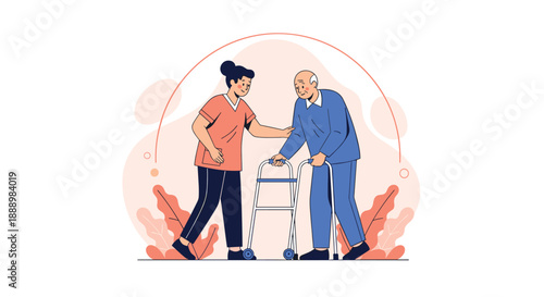 Kind female nurse assisting a senior man while he uses a walker to move safely during physical rehabilitation.
