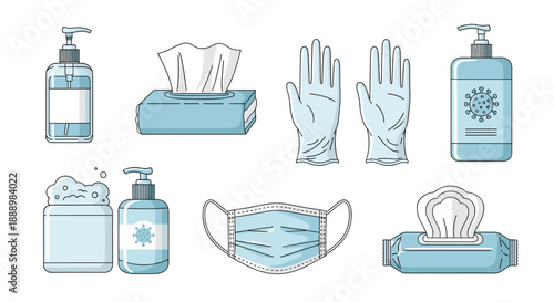 Essential personal hygiene and protection products including medical masks, gloves, hand sanitizer, and tissues.